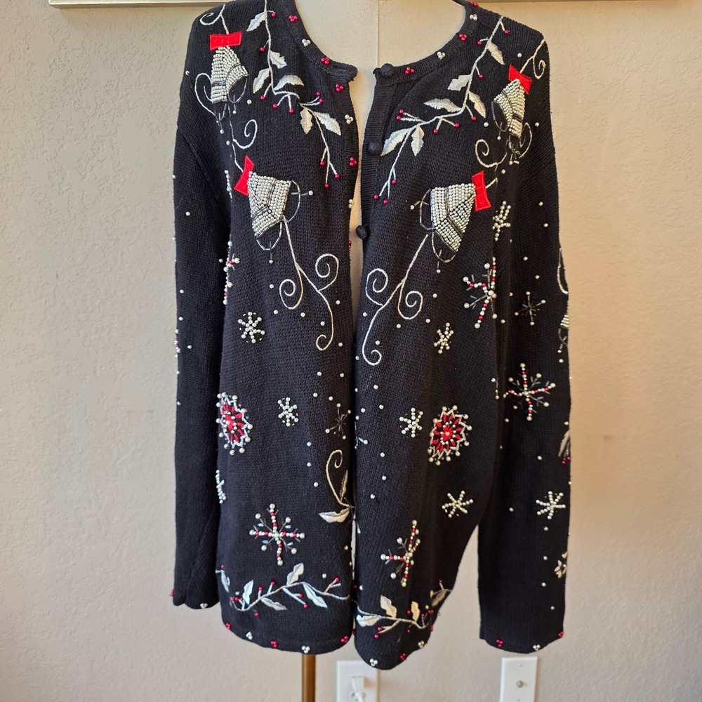 Designers Originals Christmas Cardigan‎ Sweater Beaded Bells Snowflake Black 2X